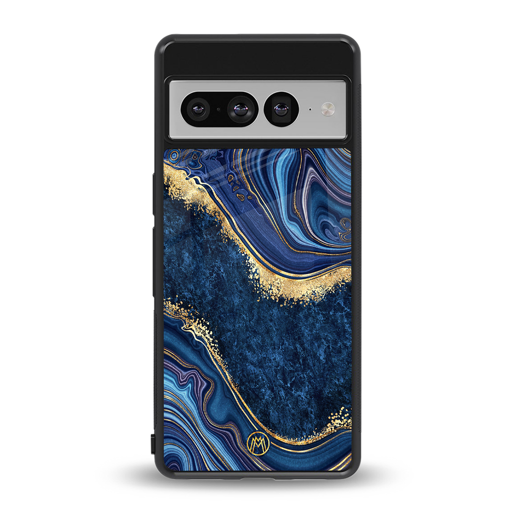blue gold liquid marble back phone cover | glass case for google pixel 7 pro