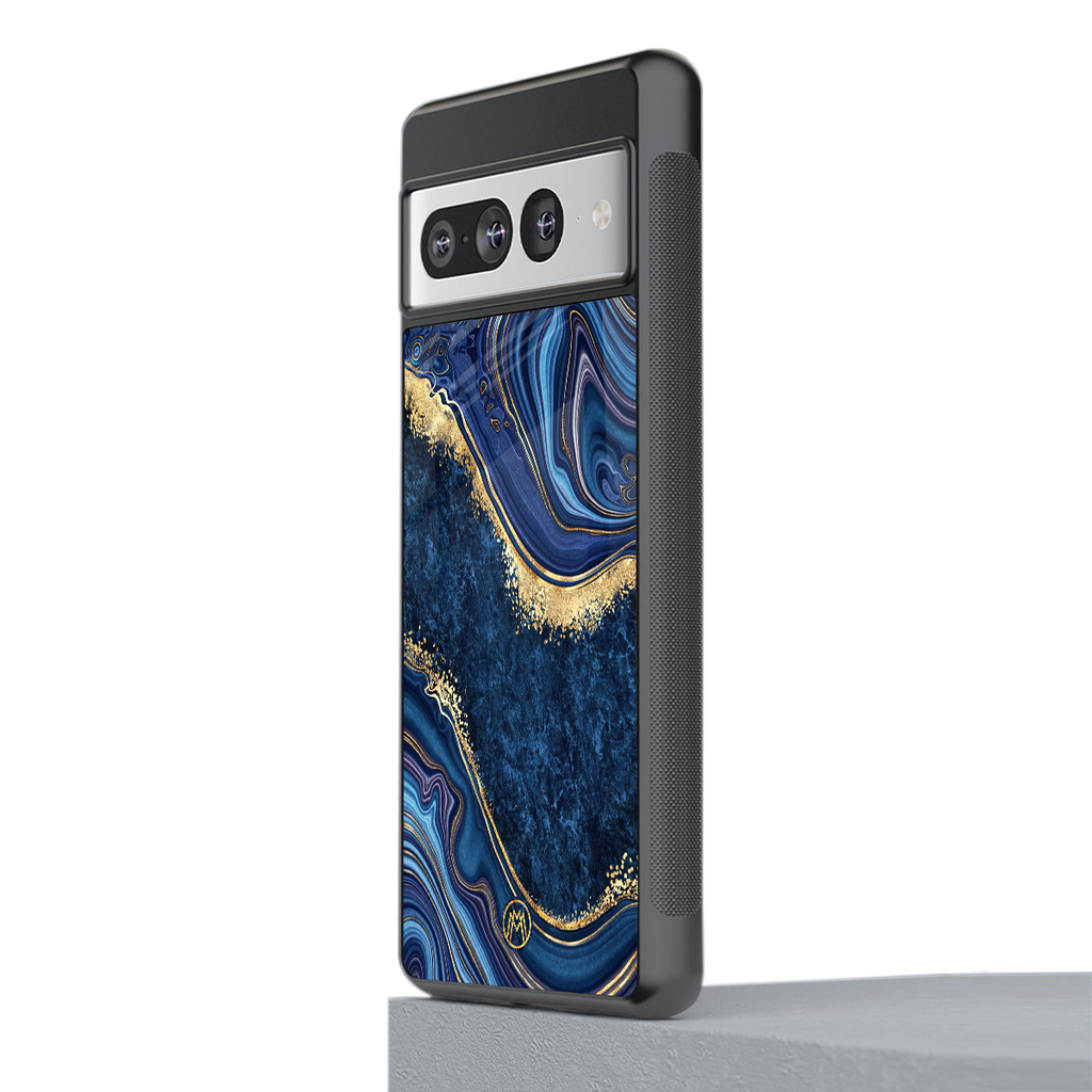 blue gold liquid marble back phone cover | glass case for google pixel 7 pro