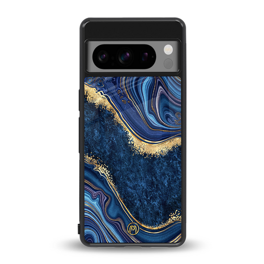 blue gold liquid marble back phone cover | glass case for google pixel 8 pro