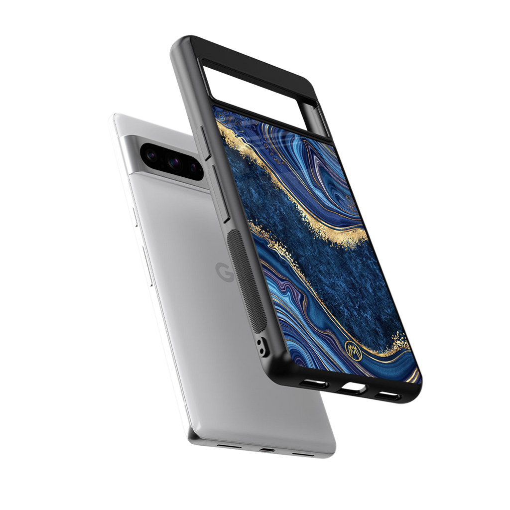 blue gold liquid marble back phone cover | glass case for google pixel 8 pro