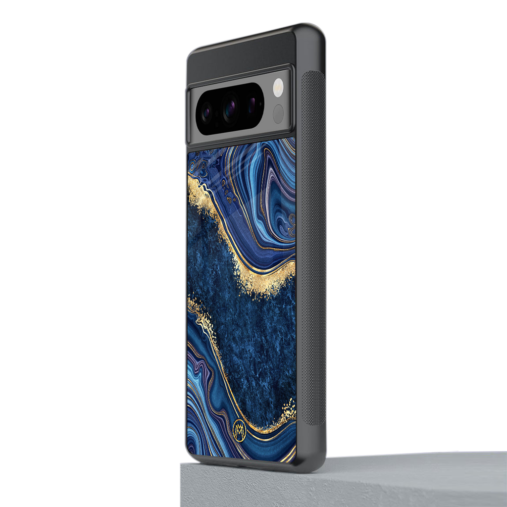 blue gold liquid marble back phone cover | glass case for google pixel 8 pro