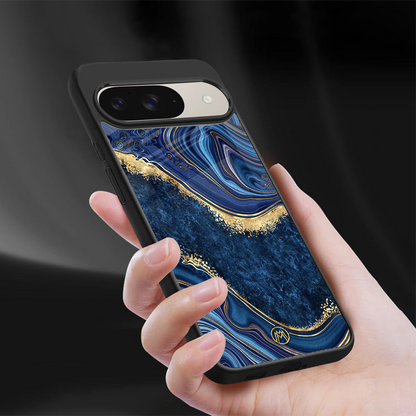 blue gold liquid marble back phone cover | glass case for google pixel 9