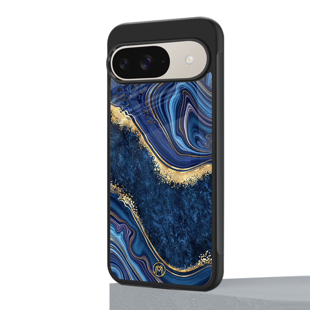 blue gold liquid marble back phone cover | glass case for google pixel 9