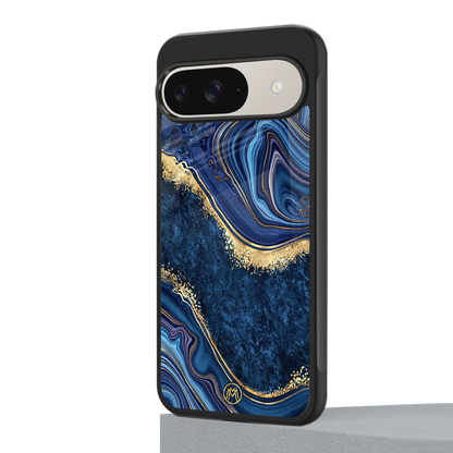 blue gold liquid marble back phone cover | glass case for google pixel 9
