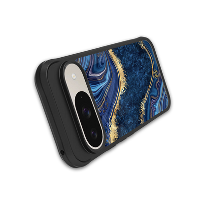 blue gold liquid marble back phone cover | glass case for google pixel 9
