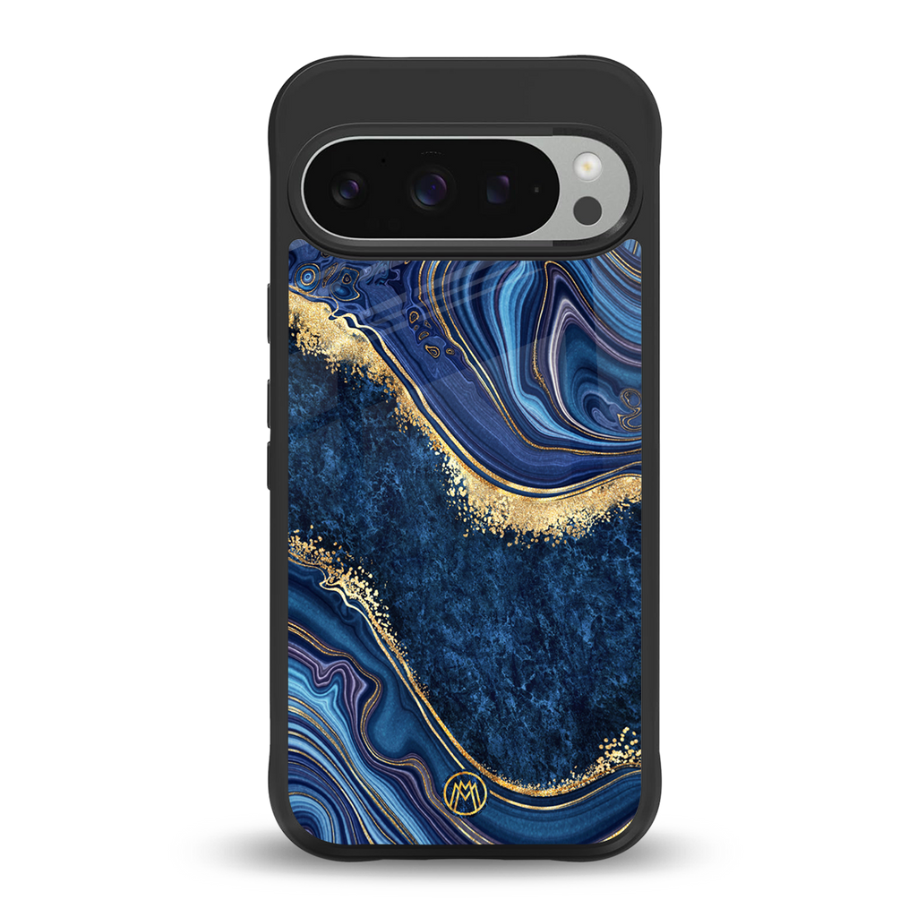 blue gold liquid marble back phone cover | glass case for google pixel 9 pro
