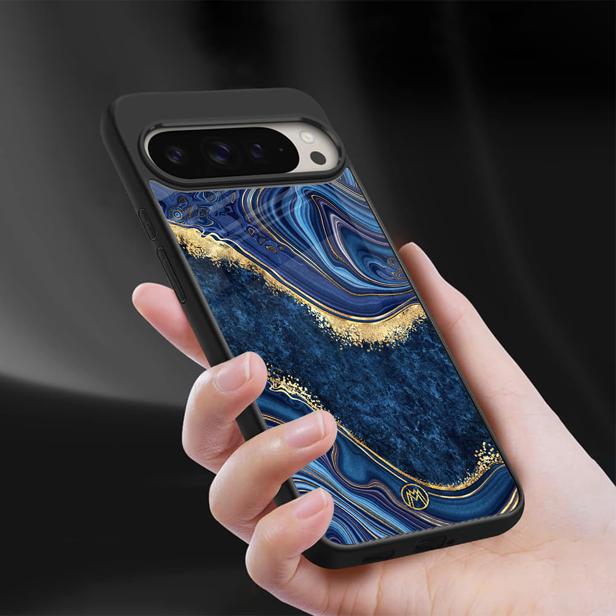 blue gold liquid marble back phone cover | glass case for google pixel 9 pro