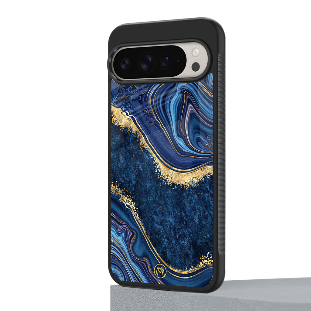 blue gold liquid marble back phone cover | glass case for google pixel 9 pro