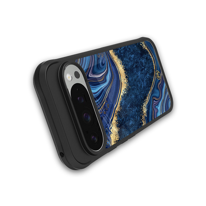 blue gold liquid marble back phone cover | glass case for google pixel 9 pro xl