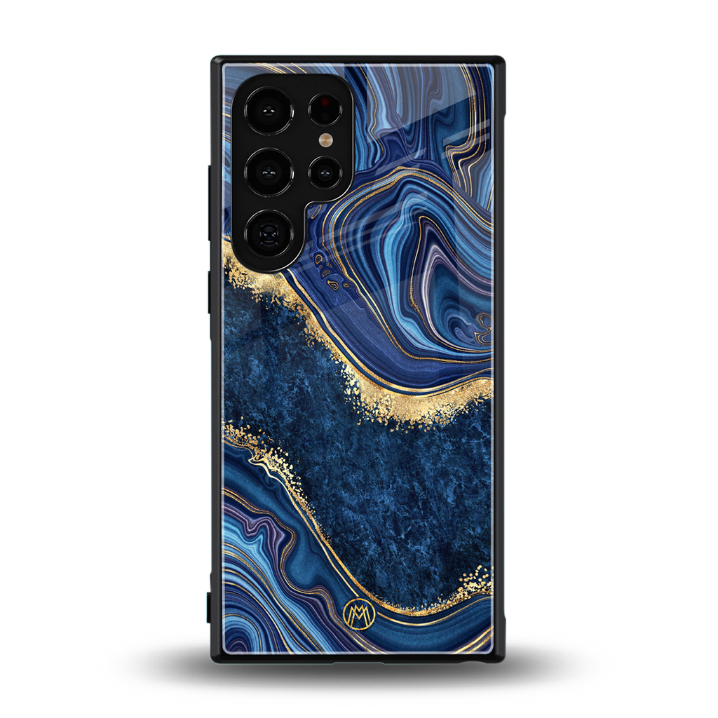 blue gold liquid marble back phone cover | glass case for samsung galaxy s23 ultra