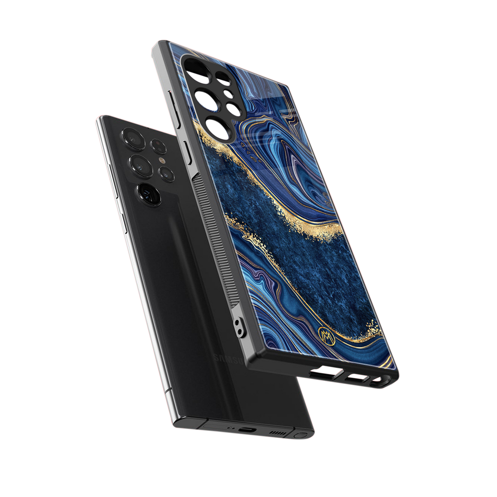 blue gold liquid marble back phone cover | glass case for samsung galaxy s23 ultra