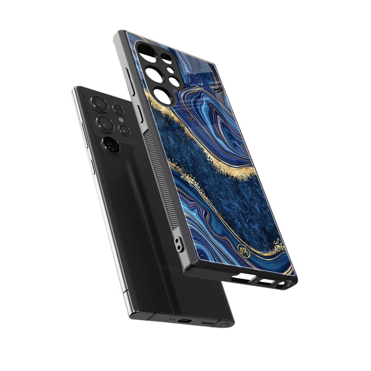 blue gold liquid marble back phone cover | glass case for samsung galaxy s23 ultra