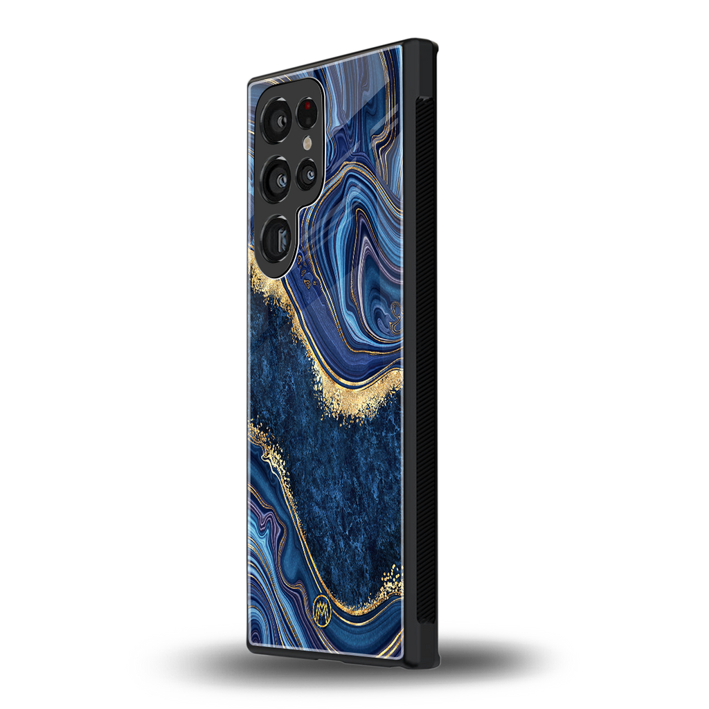blue gold liquid marble back phone cover | glass case for samsung galaxy s23 ultra