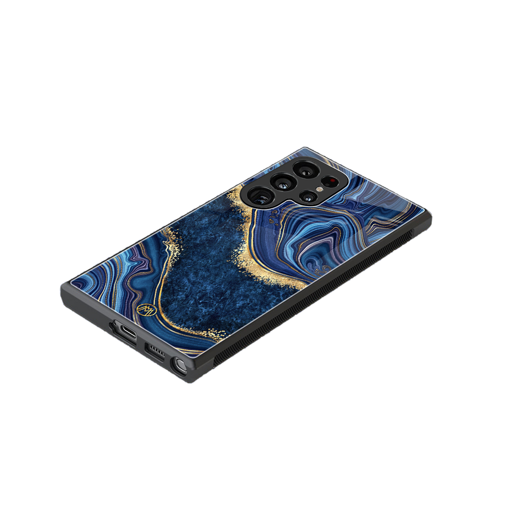 blue gold liquid marble back phone cover | glass case for samsung galaxy s23 ultra