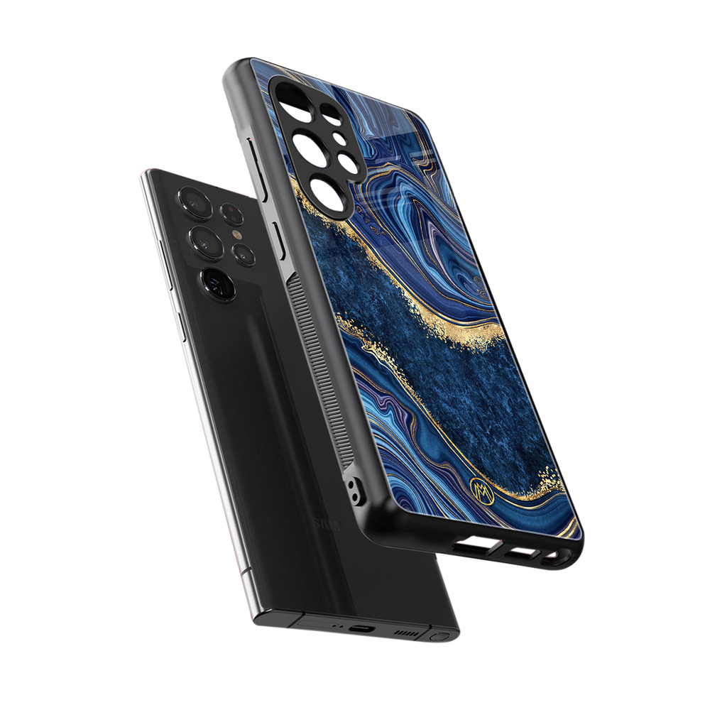 blue gold liquid marble back phone cover | glass case for samsung galaxy s25 ultra