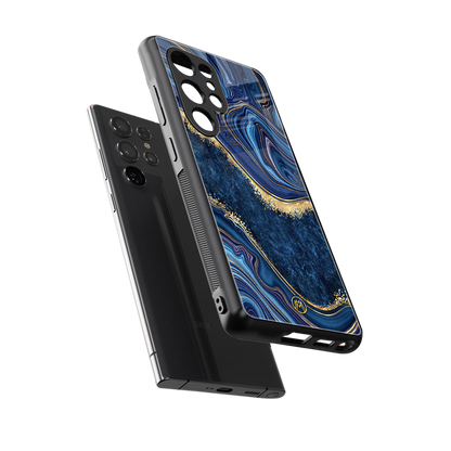 blue gold liquid marble back phone cover | glass case for samsung galaxy s25 ultra