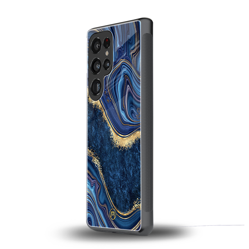 blue gold liquid marble back phone cover | glass case for samsung galaxy s25 ultra