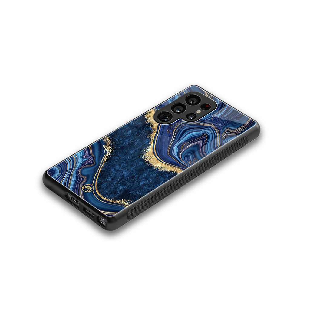 blue gold liquid marble back phone cover | glass case for samsung galaxy s25 ultra