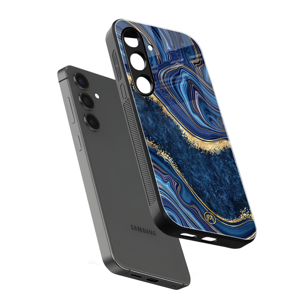 blue gold liquid marble back phone cover | glass case for samsung galaxy s24 plus