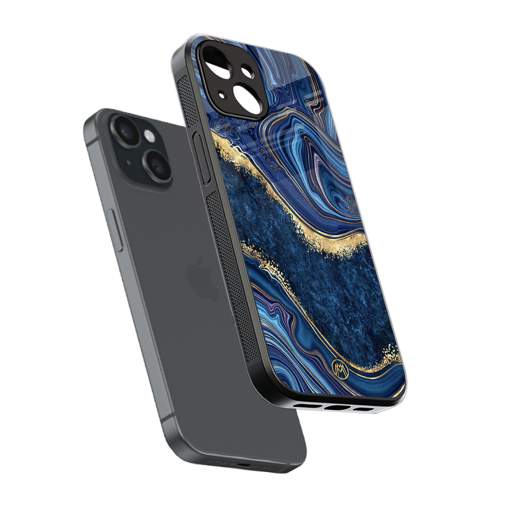 blue gold liquid marble back phone cover | glass case for iphone 15