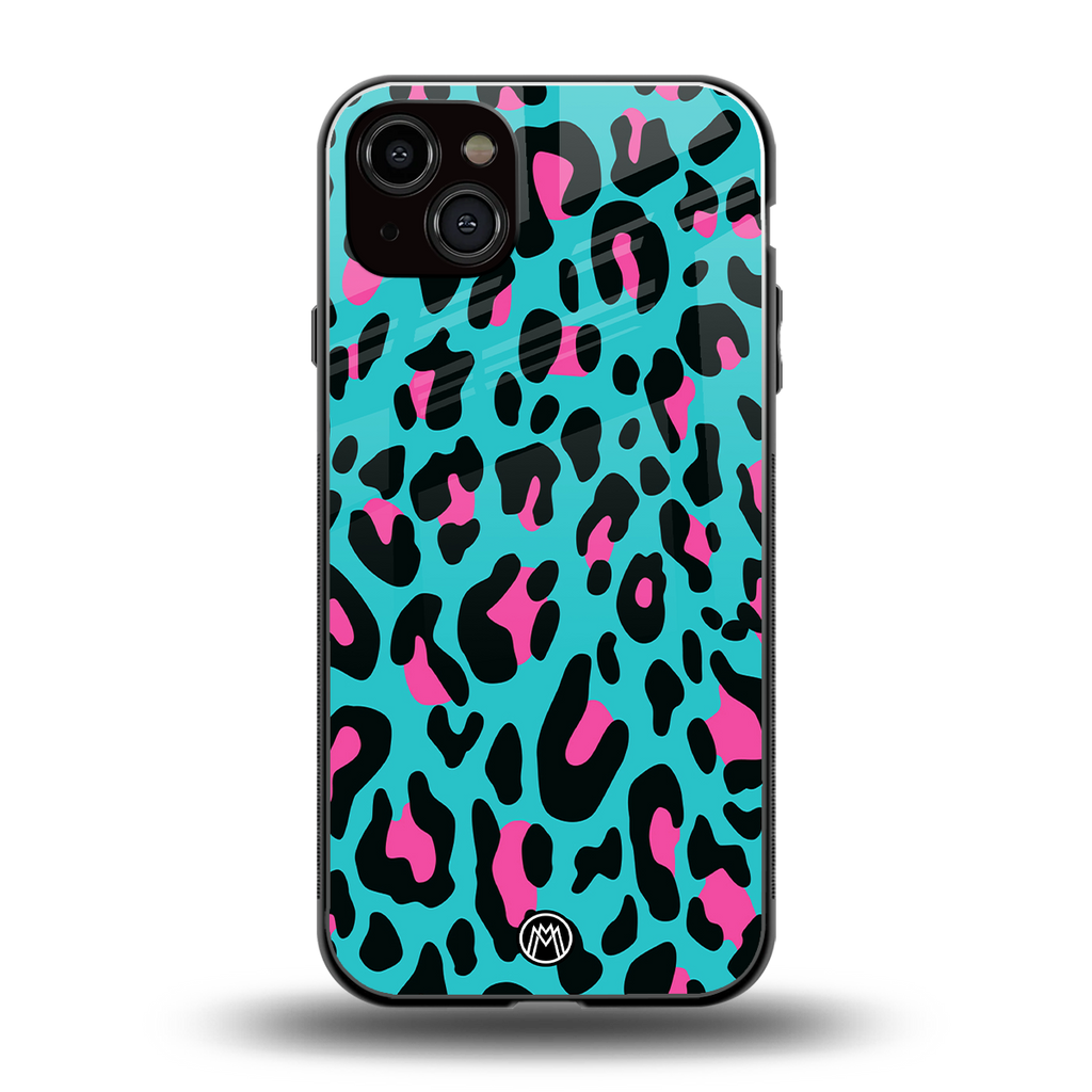 blue leopard fur back phone cover | glass case for iphone 15 plus