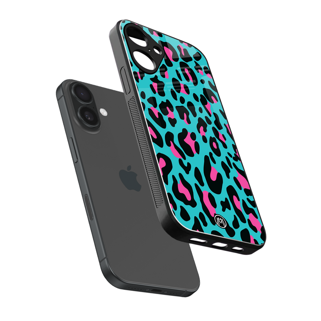 blue leopard fur back phone cover | glass case for iphone 16 plus