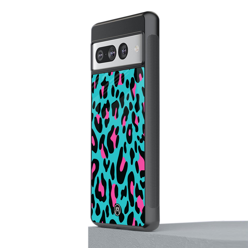 blue leopard fur back phone cover | glass case for google pixel 7 pro