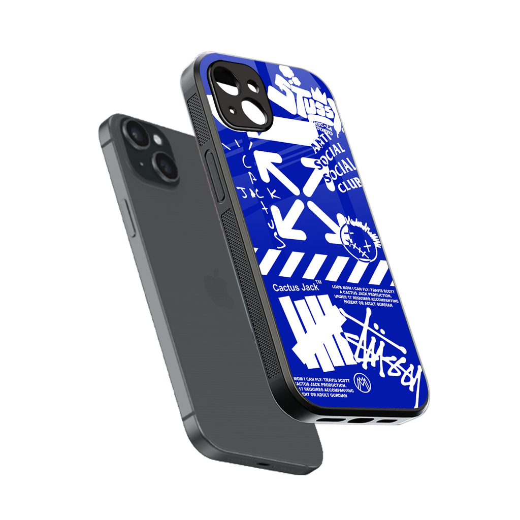blue travis scott x anti social social club back phone cover | glass case for iphone 14 plus