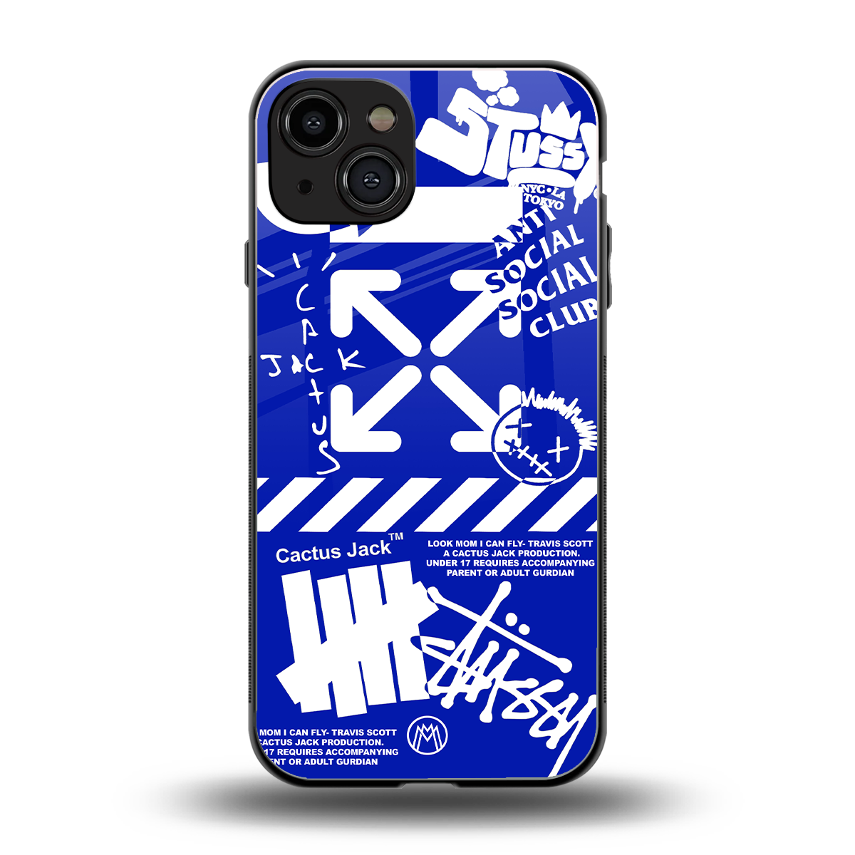 blue travis scott x anti social social club back phone cover | glass case for iphone 15