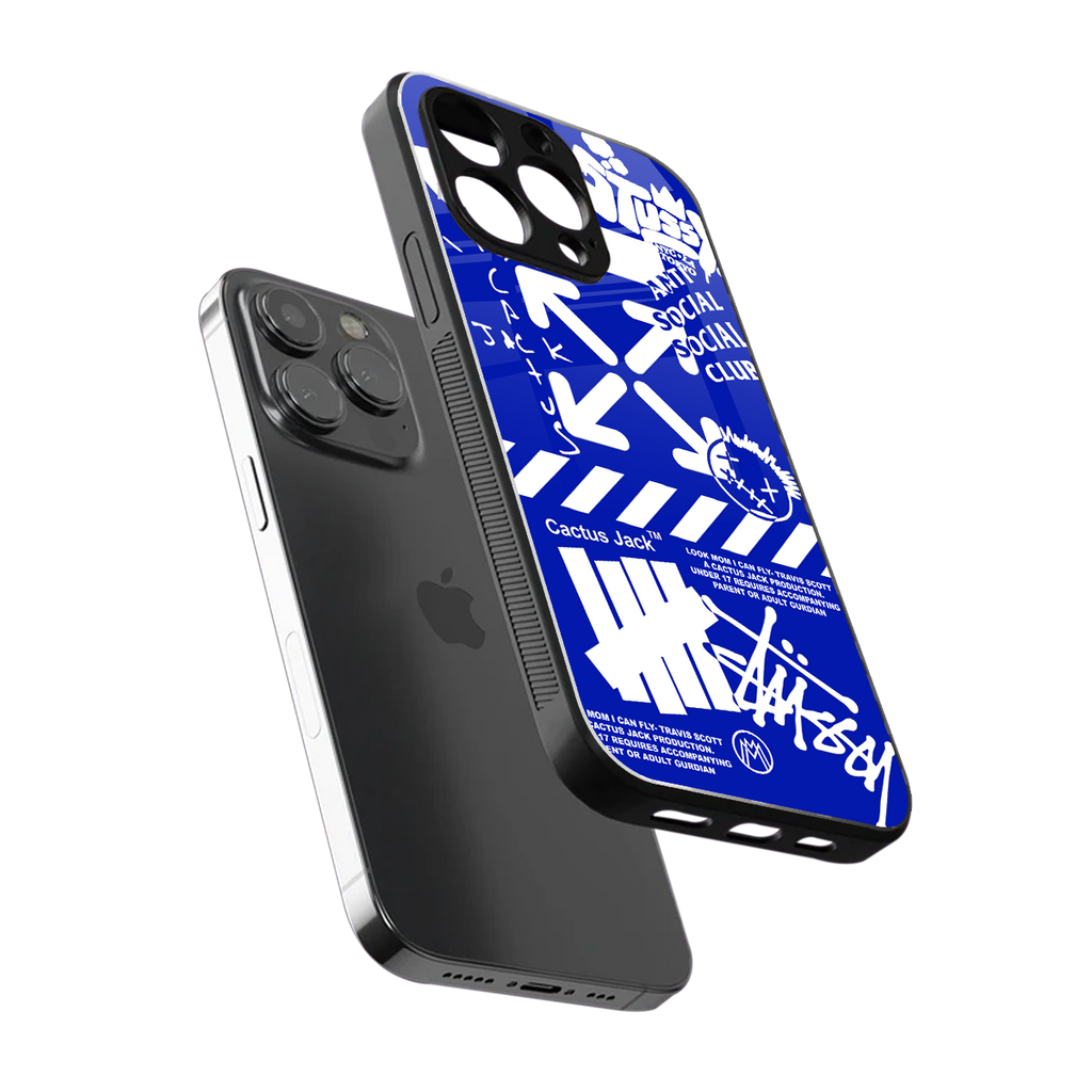 blue travis scott x anti social social club back phone cover | glass case for iphone 15 pro