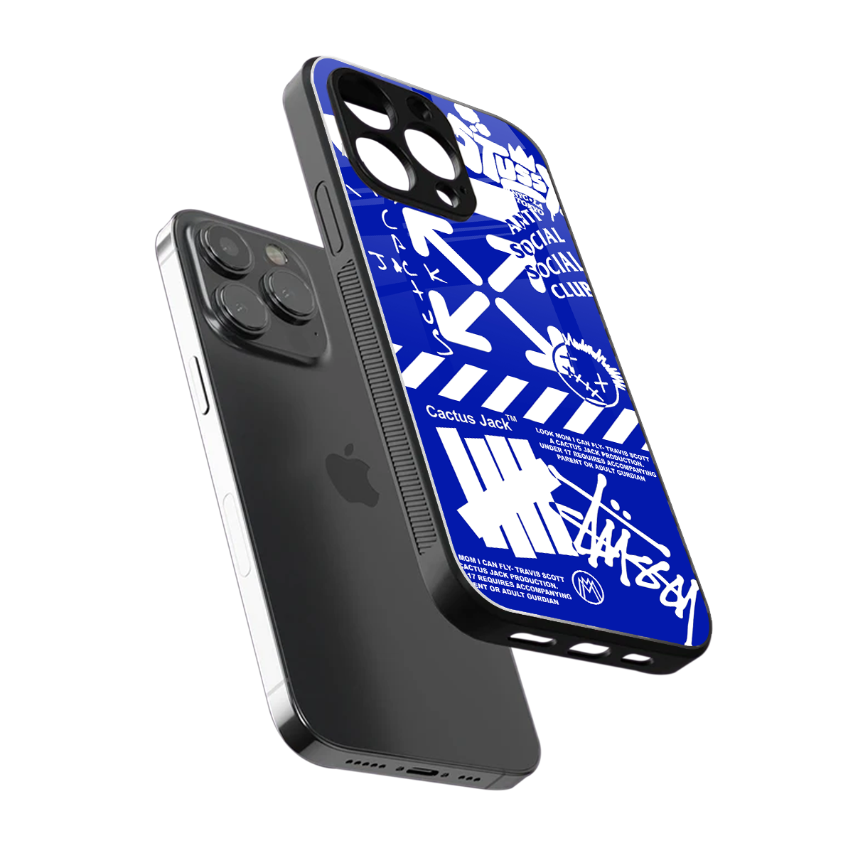 blue travis scott x anti social social club back phone cover | glass case for iphone 15 pro