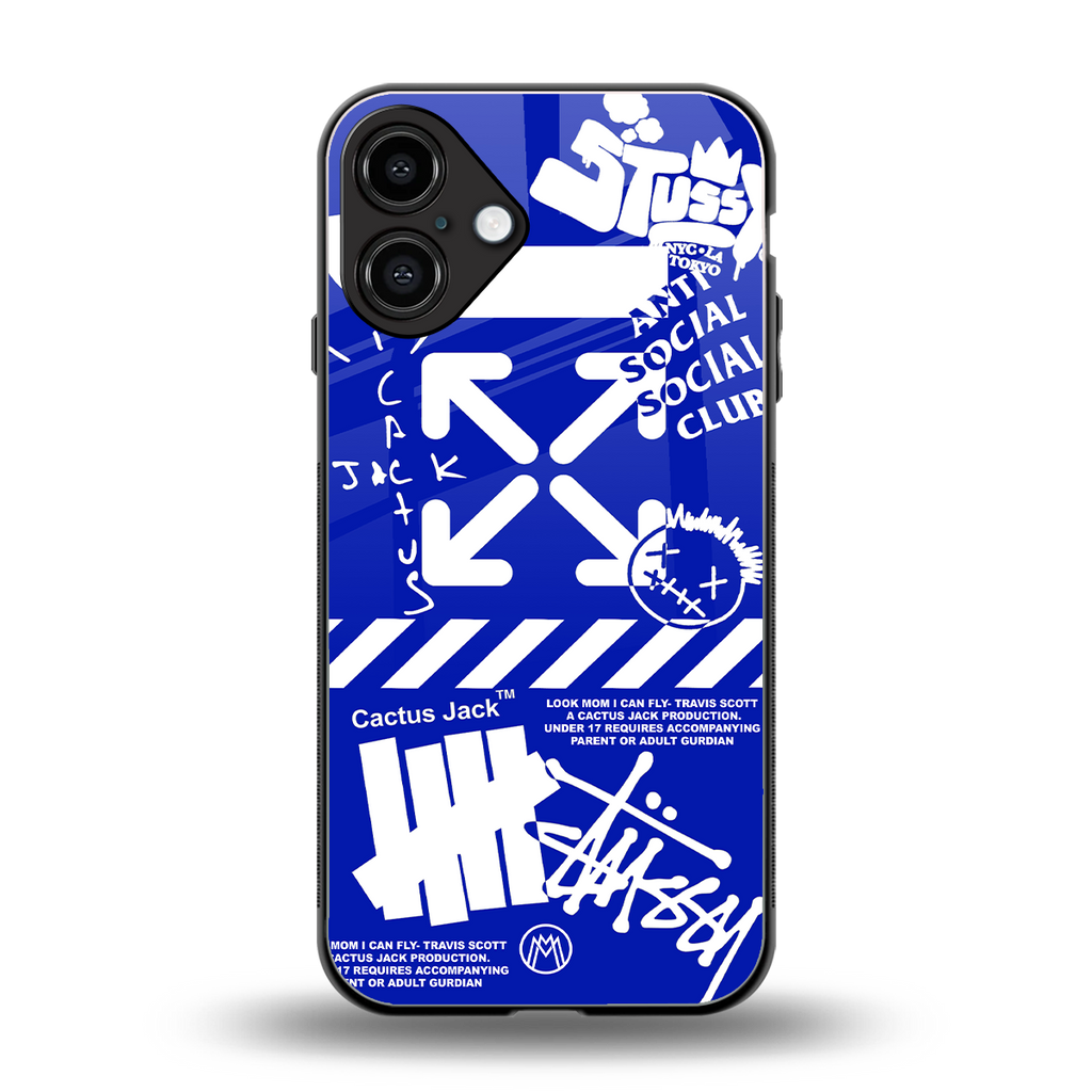 blue travis scott x anti social social club back phone cover | glass case for iphone 16 plus