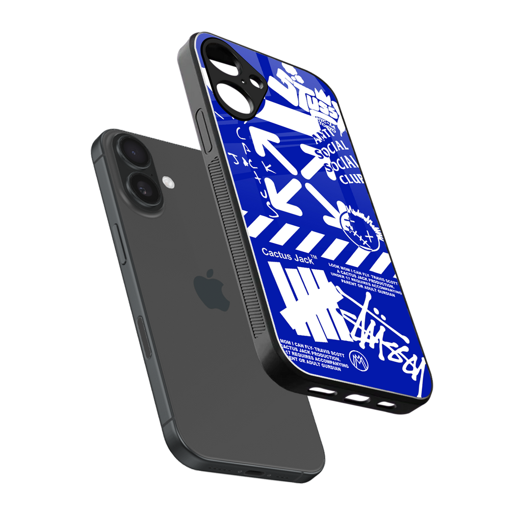 blue travis scott x anti social social club back phone cover | glass case for iphone 16 plus