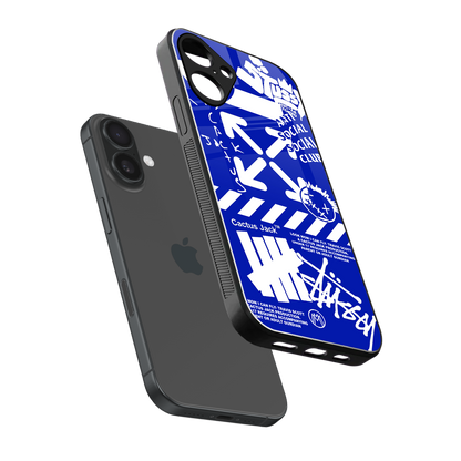 blue travis scott x anti social social club back phone cover | glass case for iphone 16 plus