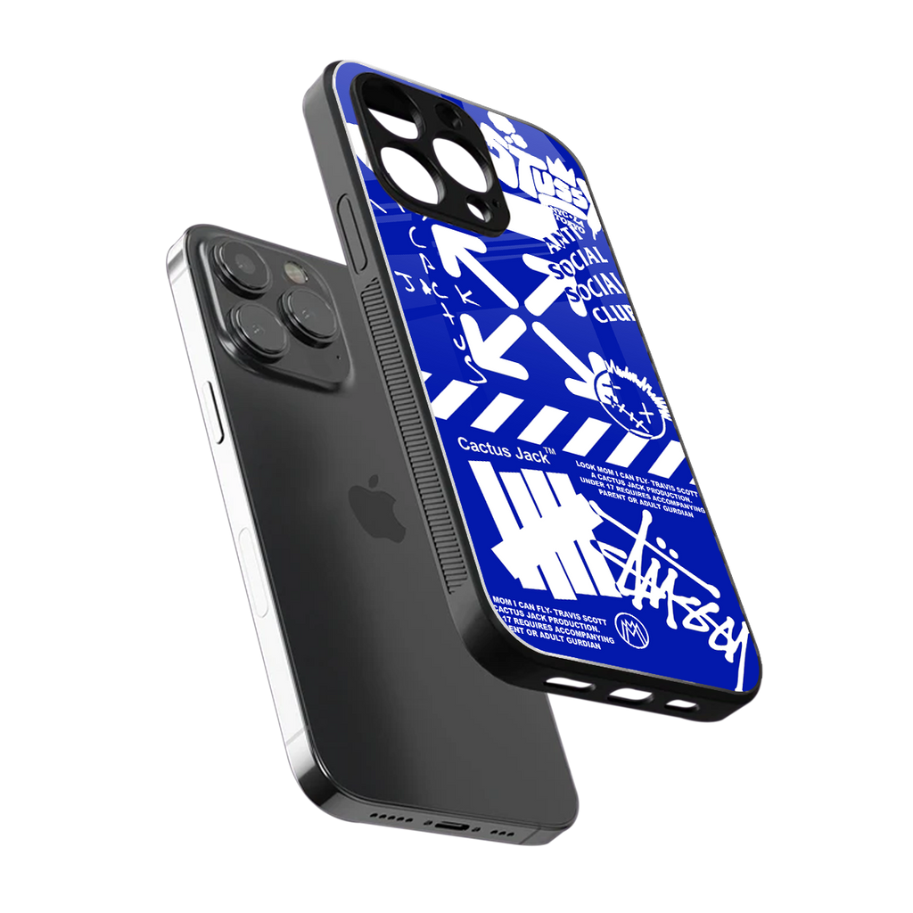 blue travis scott x anti social social club back phone cover | glass case for iphone 16 pro max