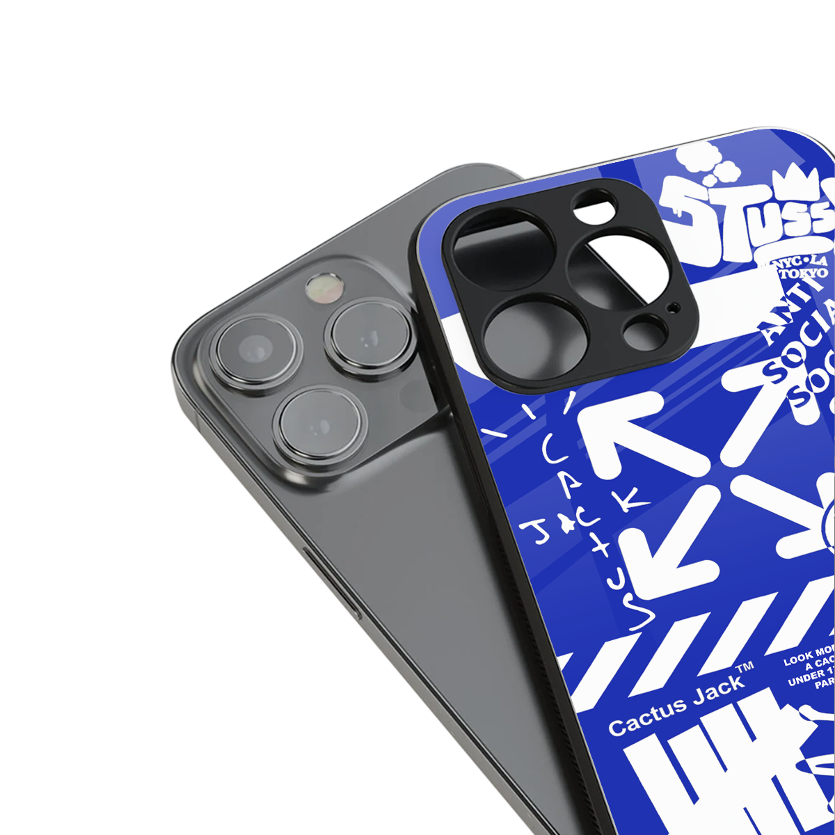blue travis scott x anti social social club back phone cover | glass case for iphone 16 plus
