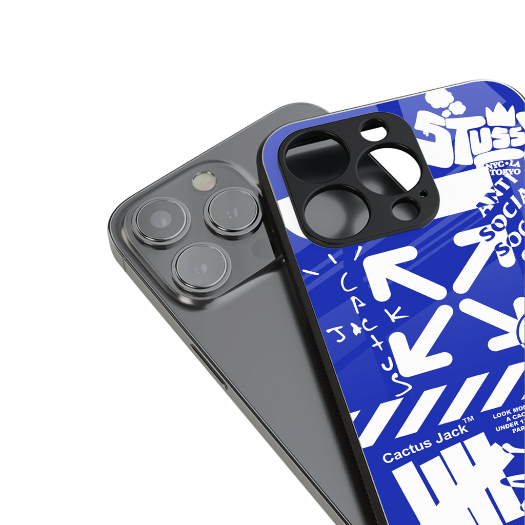 blue travis scott x anti social social club back phone cover | glass case for iphone 14 pro