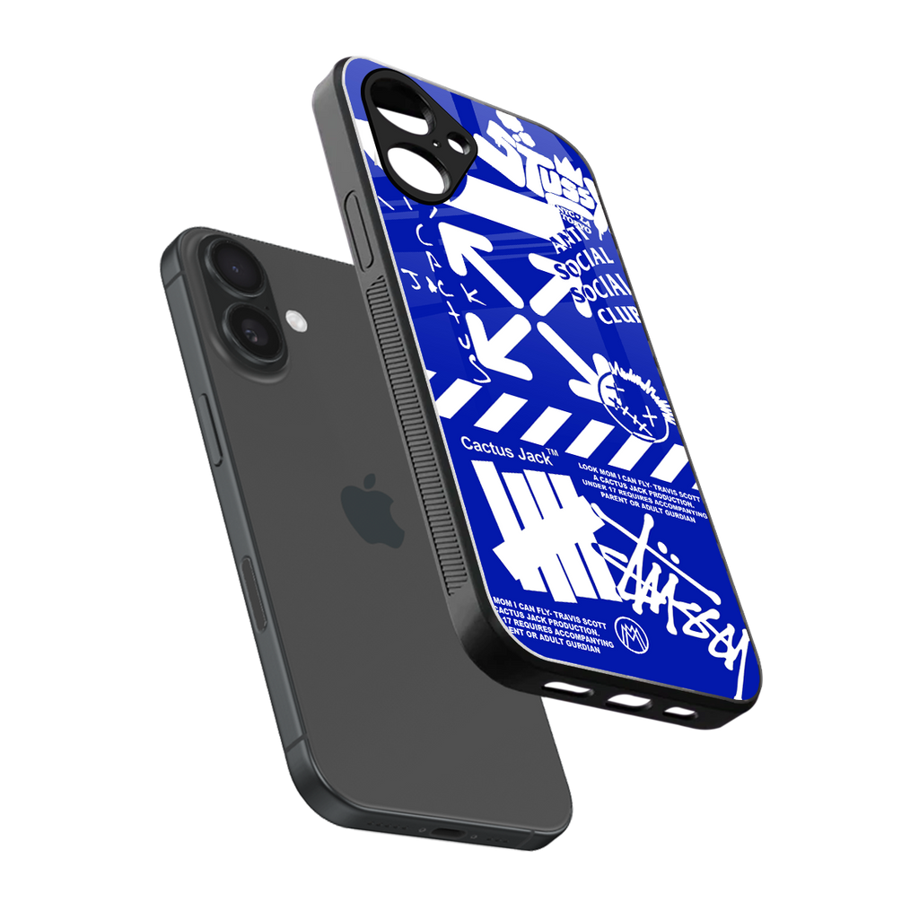 blue travis scott x anti social social club back phone cover | glass case for iphone 16