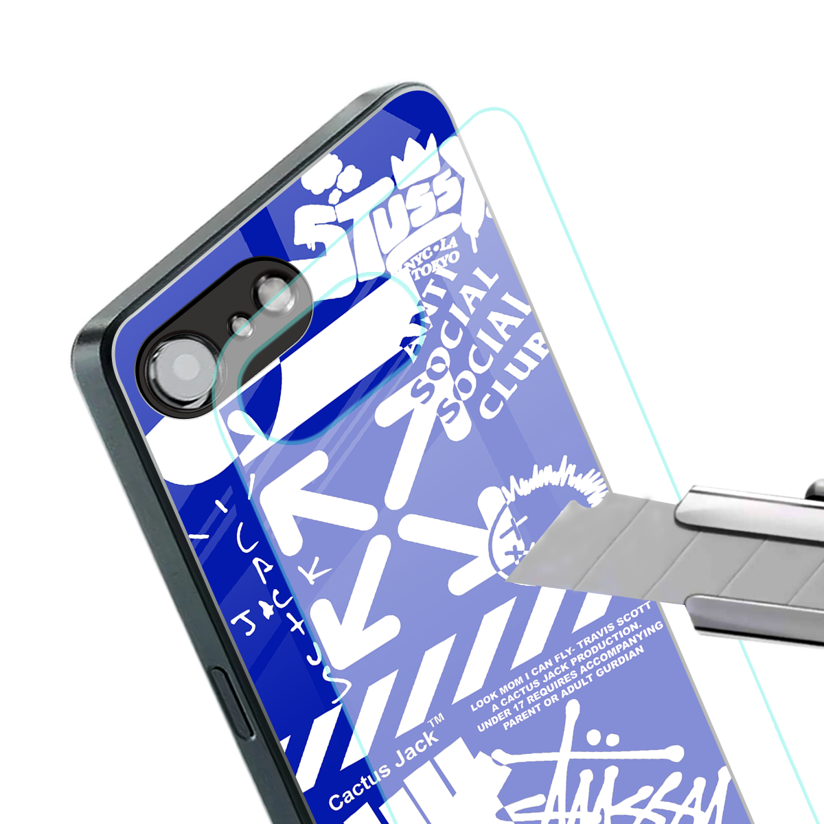 blue travis scott x anti social social club back phone cover | glass case for iphone 16e