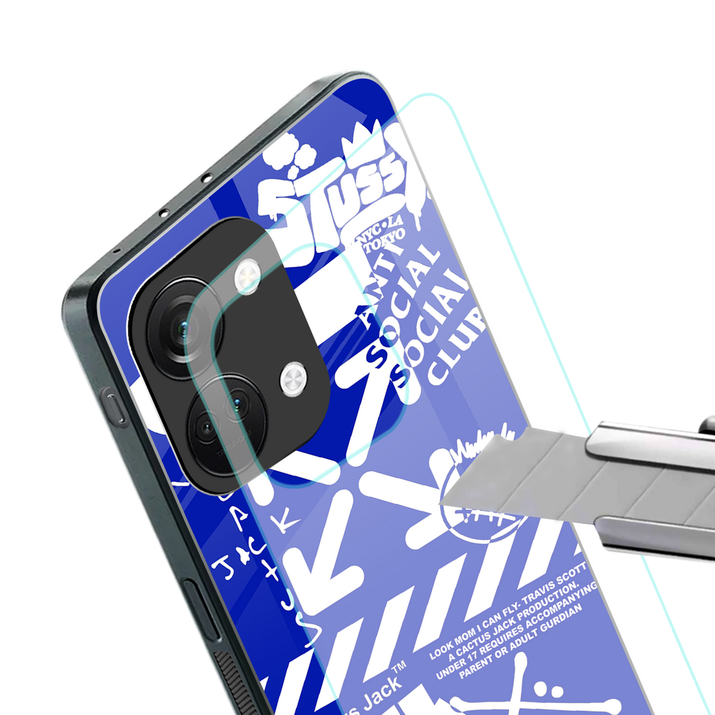blue travis scott x anti social social club back phone cover | glass case for oneplus nord 3