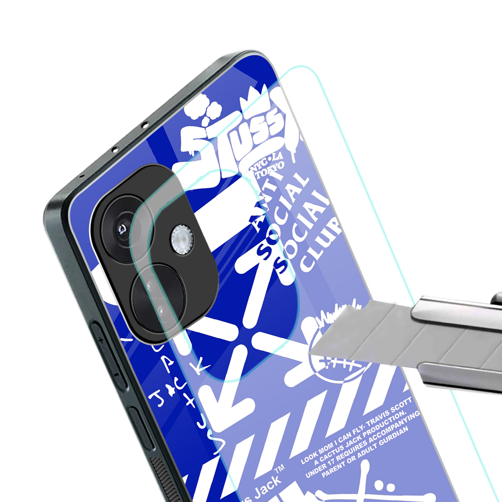 blue travis scott x anti social social club back phone cover | glass case for oneplus nord ce 3