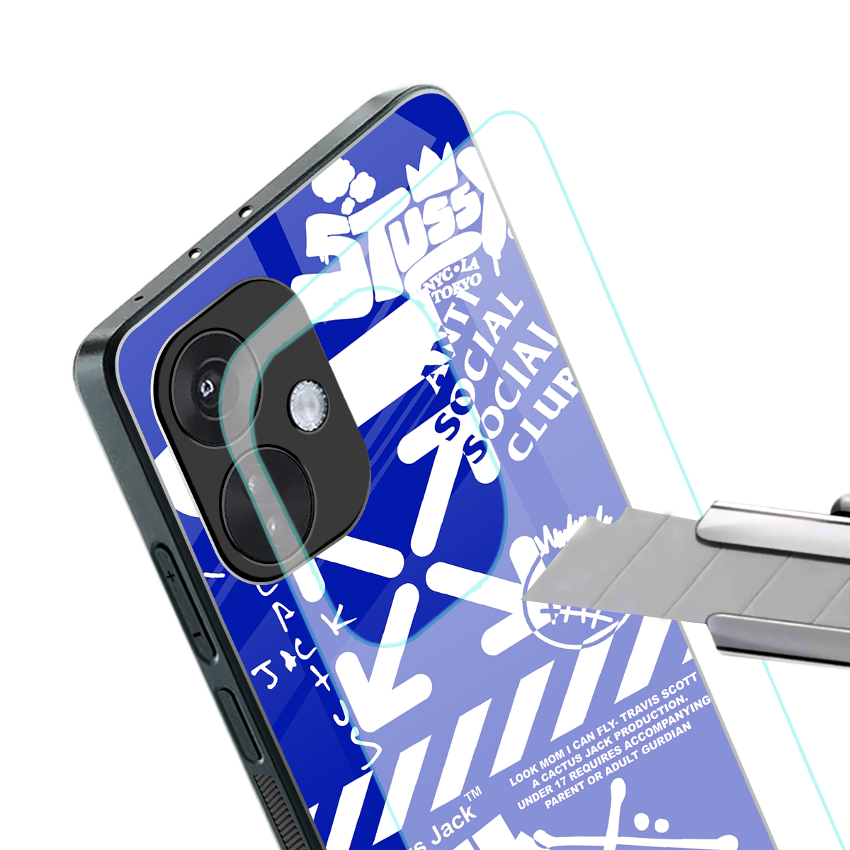 blue travis scott x anti social social club back phone cover | glass case for oneplus nord ce 3