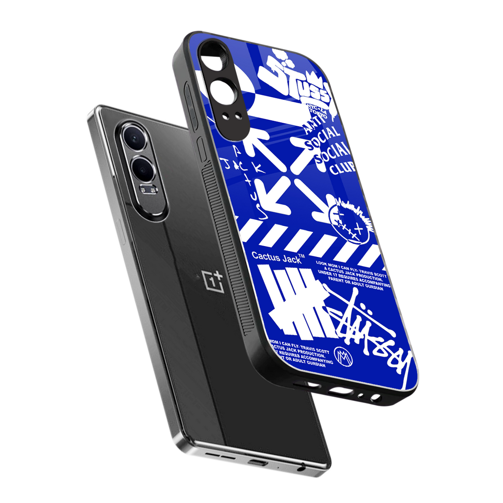 blue travis scott x anti social social club back phone cover | glass case for oneplus nord ce 4 lite