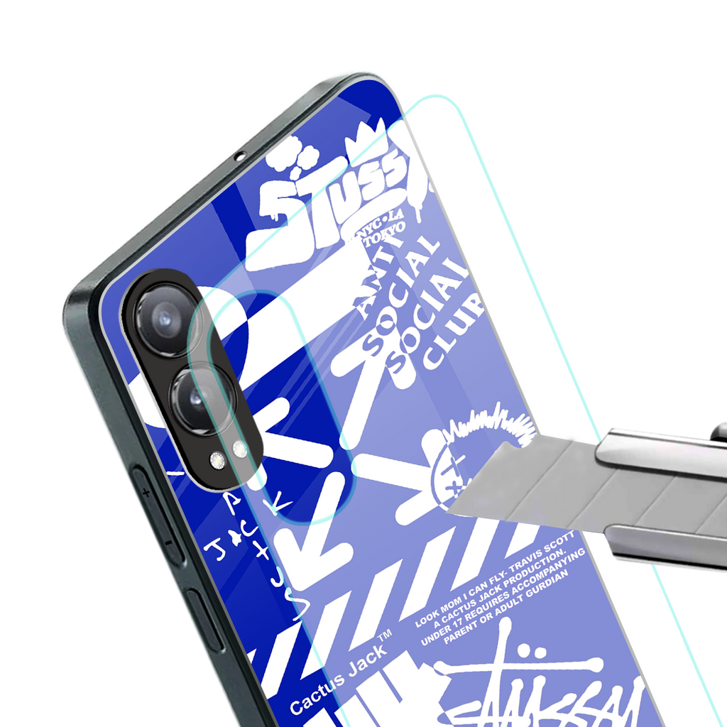 blue travis scott x anti social social club back phone cover | glass case for oneplus nord ce 4 lite