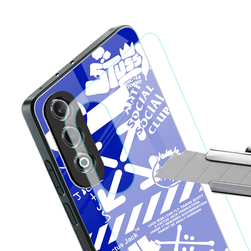 blue travis scott x anti social social club back phone cover | glass case for oneplus nord ce 4