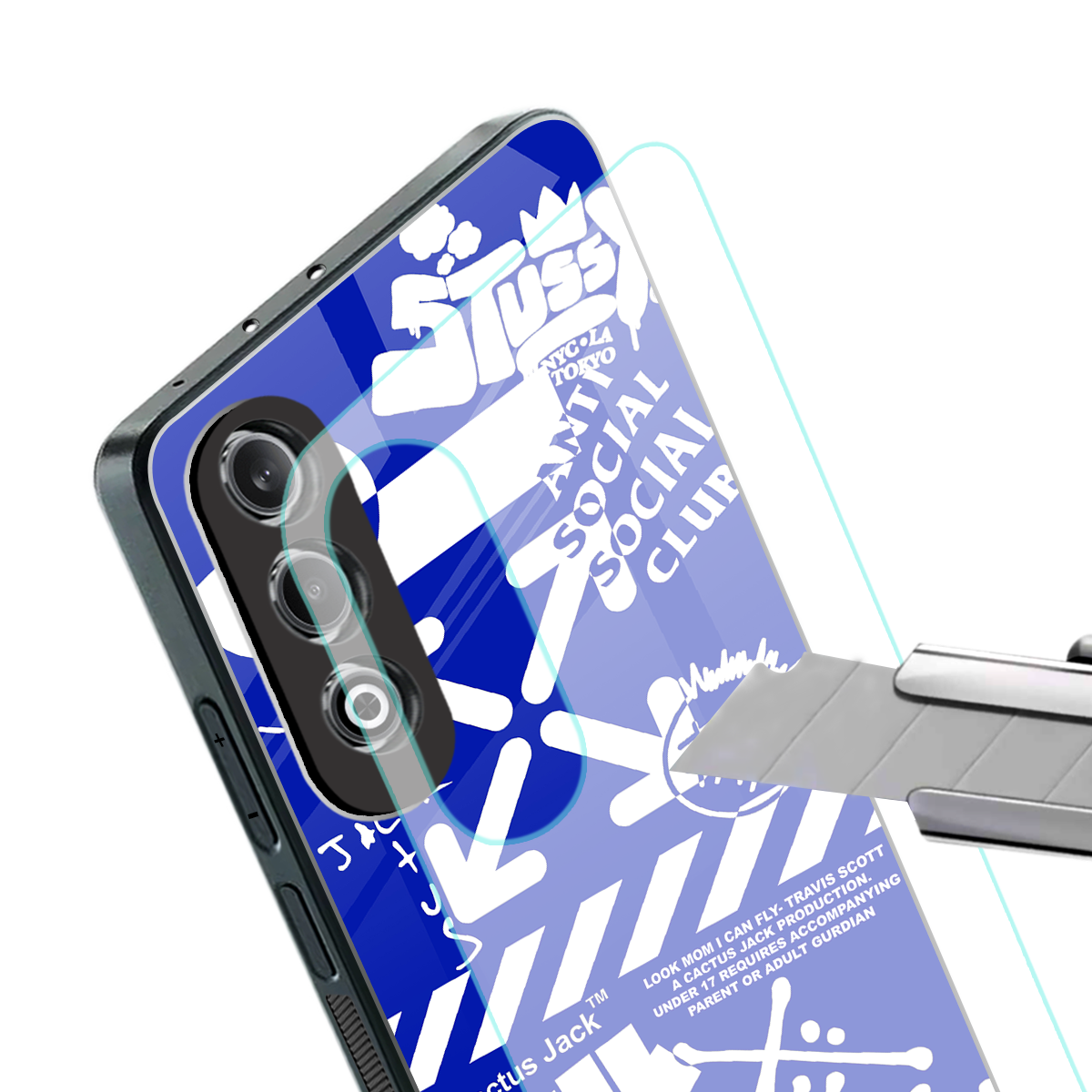blue travis scott x anti social social club back phone cover | glass case for oneplus nord ce 4