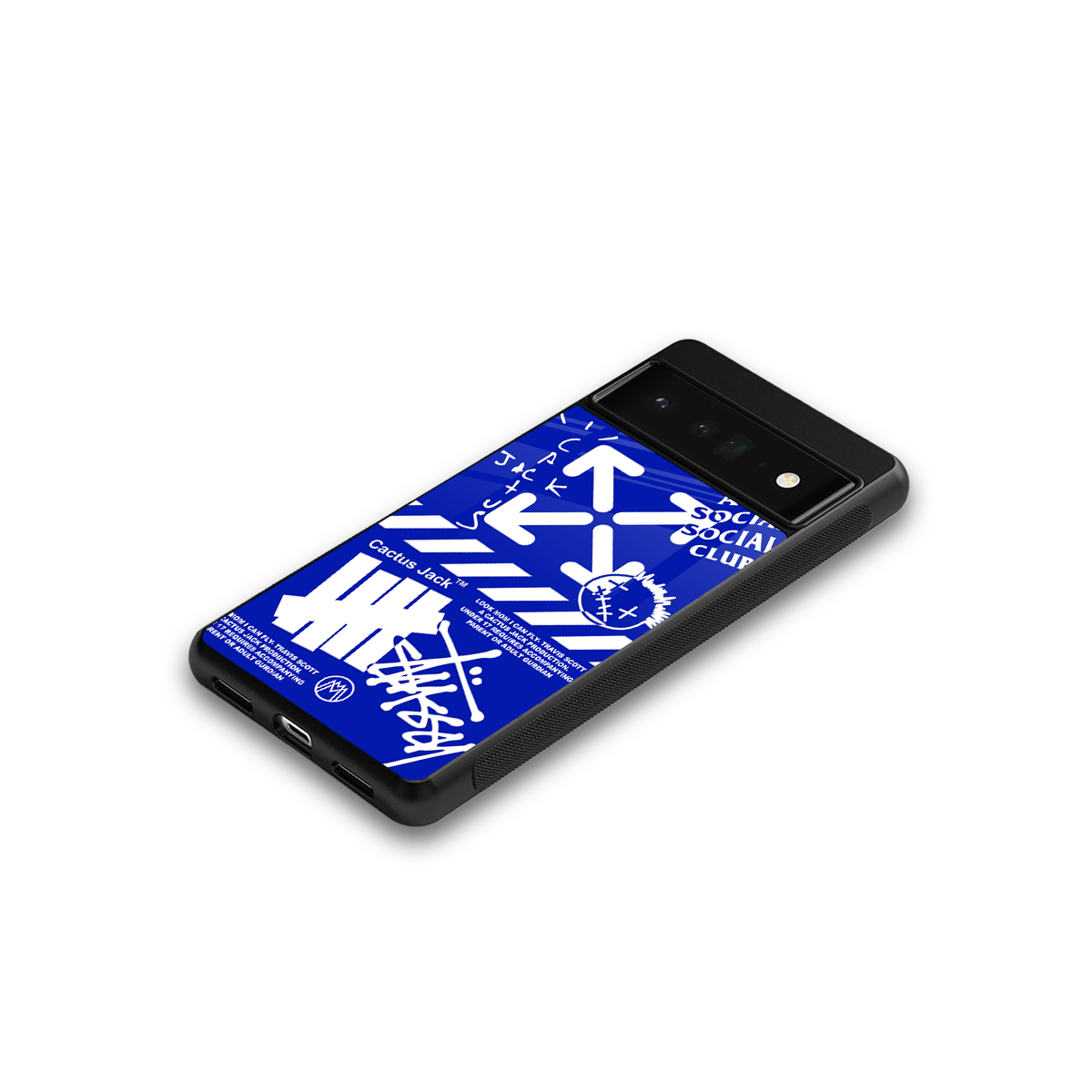 blue travis scott x anti social social club back phone cover | glass case for google pixel 6 pro