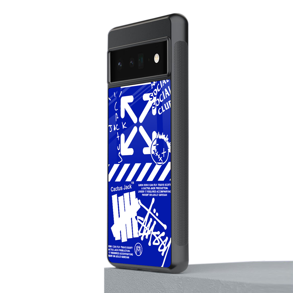 blue travis scott x anti social social club back phone cover | glass case for google pixel 6 pro