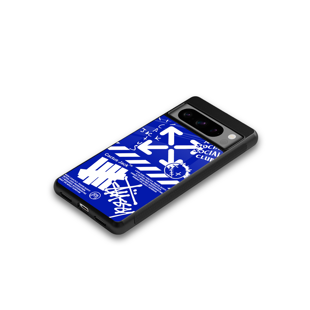 blue travis scott x anti social social club back phone cover | glass case for google pixel 8 pro