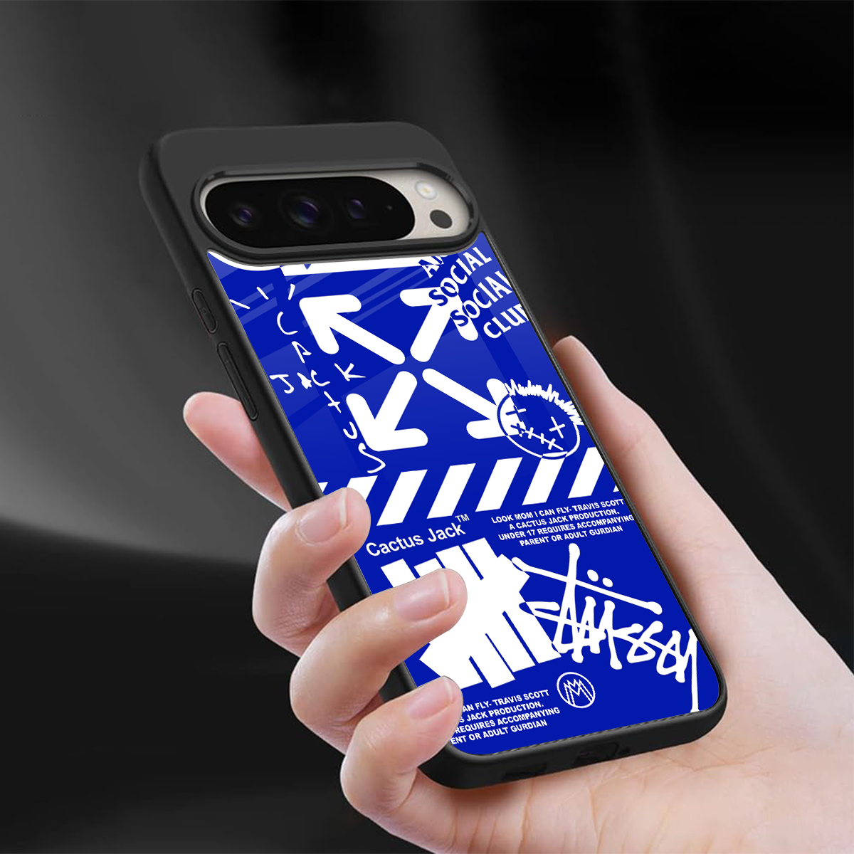 blue travis scott x anti social social club back phone cover | glass case for google pixel 9 pro